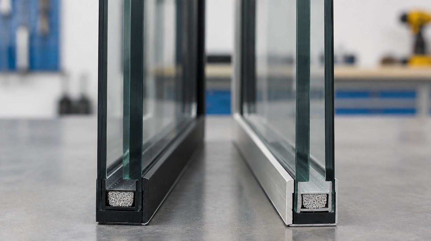 The edges of finished double glazed units showing the spacer bar and perimeter seal