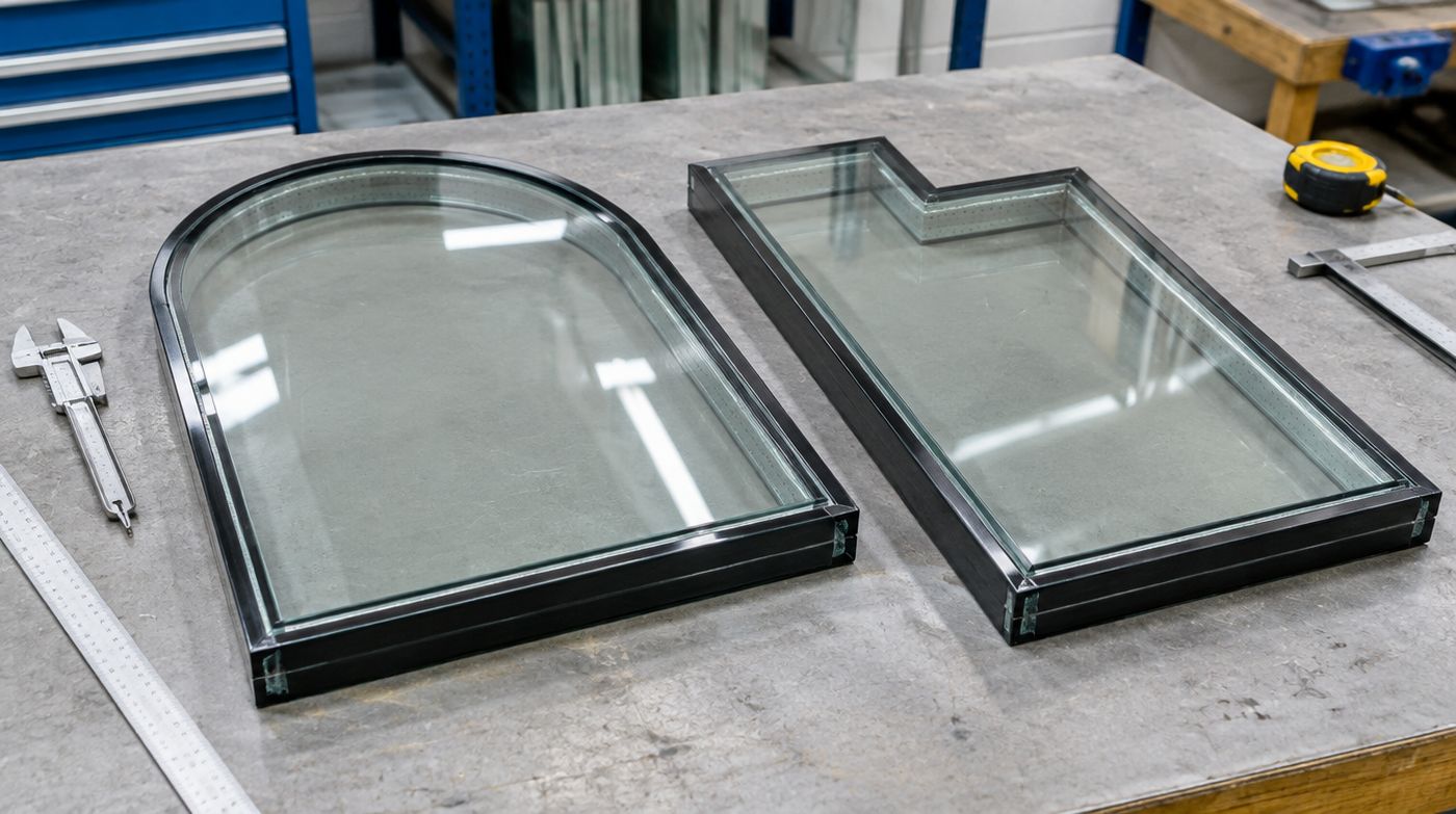 An arched top sealed unit and a stepped unit side by side on a workshop bench