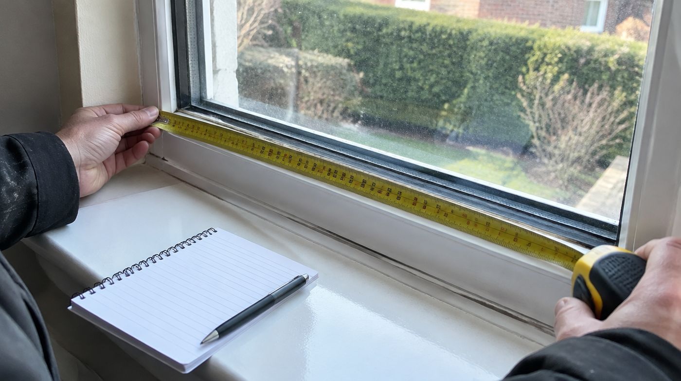 A tape measure held across a window frame rebate with the old sealed unit still in place