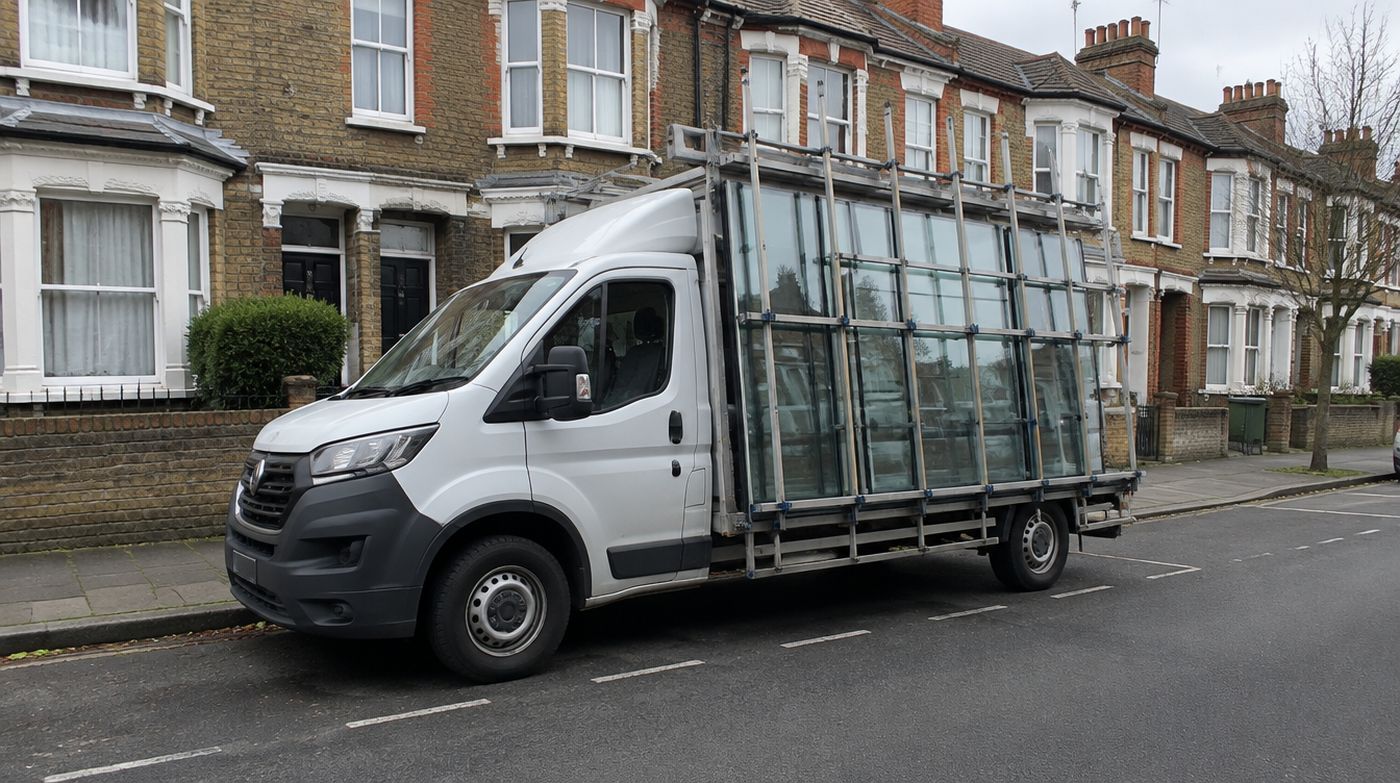 A glass delivery van with a side A-frame of sealed units parked on a London residential street