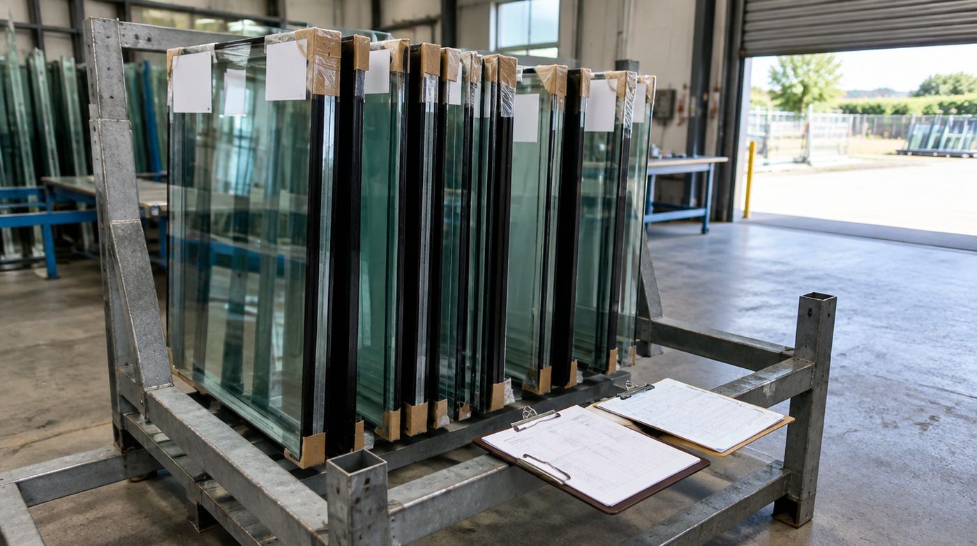Labelled sealed units in a steel stillage at a trade collection area with a delivery note on the frame