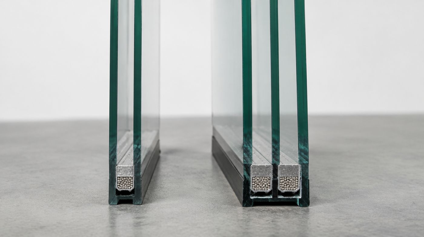 The edge of a triple glazed unit in cross section, three panes and two spacers, beside a double unit