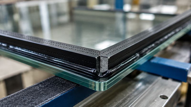 A warm edge spacer bar being applied around the edge of a pane on an assembly bench