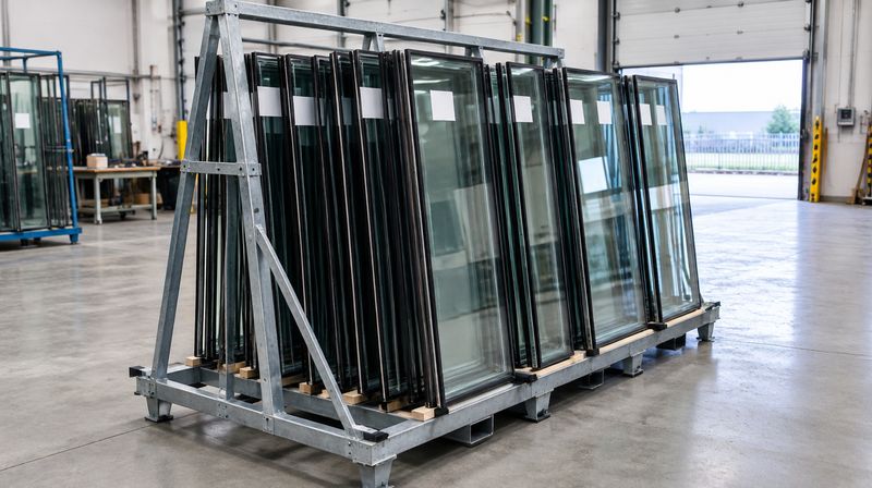 Finished sealed units stacked on edge in a transport rack, labelled ready for delivery