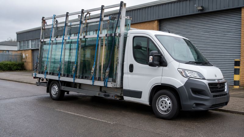 A glass delivery van with an external A-frame rack loaded with glass standing on edge