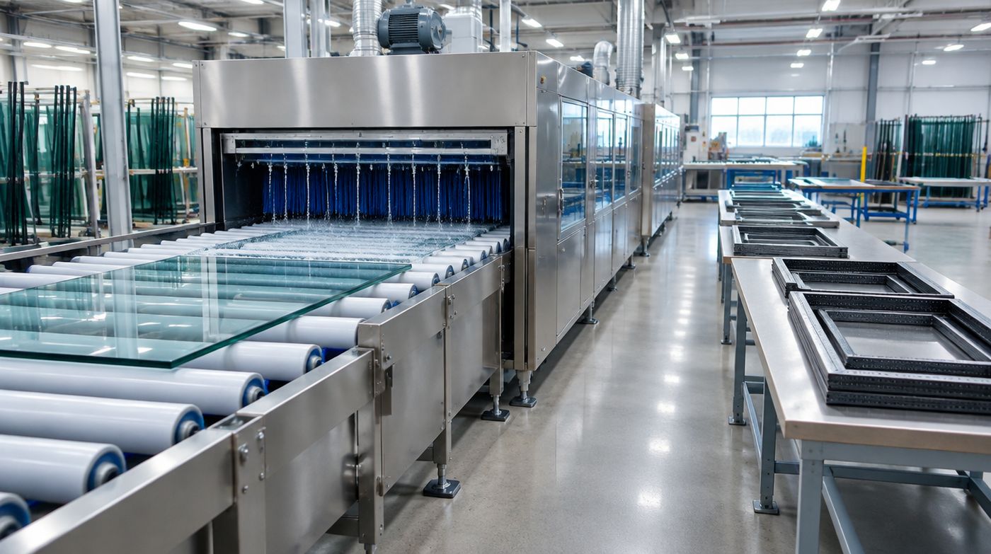 A sealed unit production line, with a glass washing machine and spacer frames ready for assembly